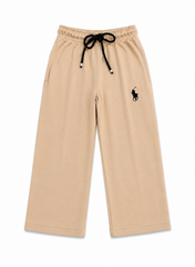 Kids Beige Wide Leg Cotton Trousers with Embroidered Logo