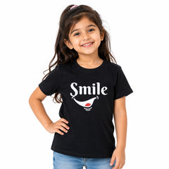 Girls Black Smile Graphic Cotton T-Shirt – Soft Casual Tee