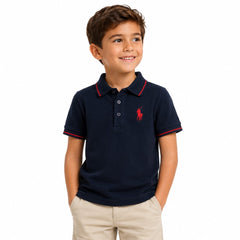 Boys Navy Polo Shirt with Red Contrast Tipping