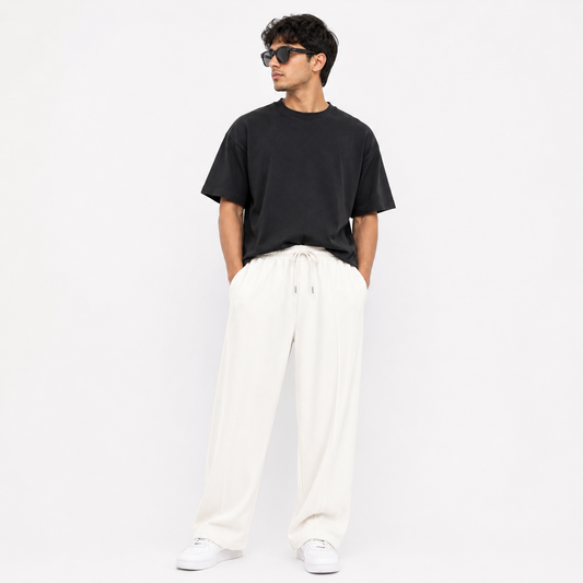 Men’s Off-White Ribbed Wide Leg Trousers