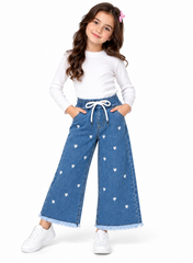 Girls Wide-Leg Denim Jeans with Heart Embroidery