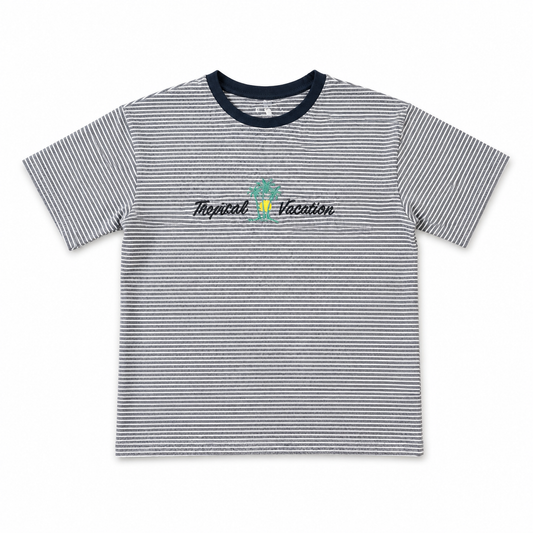 Boys Tropical Vacation Striped T-Shirt – Grey & White Summer Tee