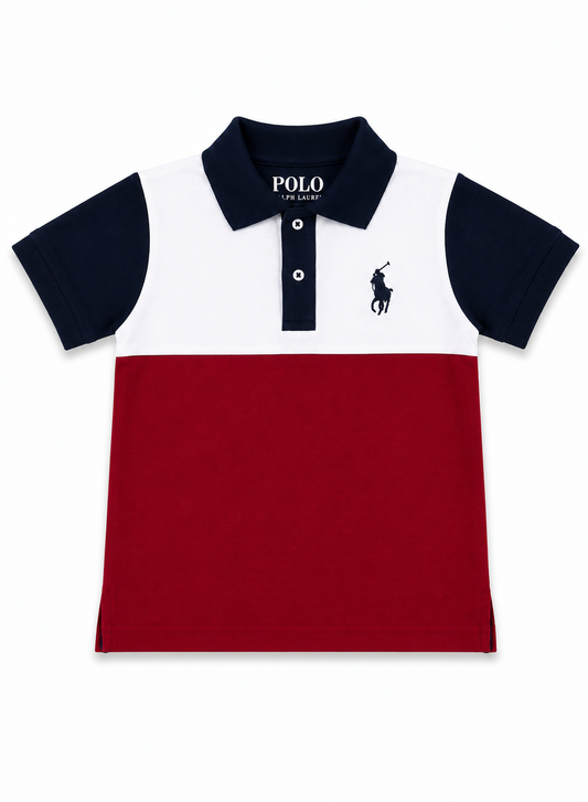 Boys Color Block Polo Shirt – White, Navy & Maroon