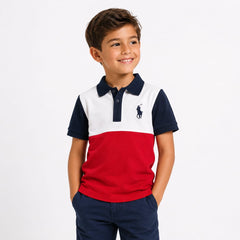 Kids Boys Color Block Polo Shirt – Red, White & Navy
