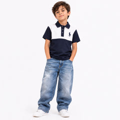 Boys Navy & White Color Block Polo Shirt