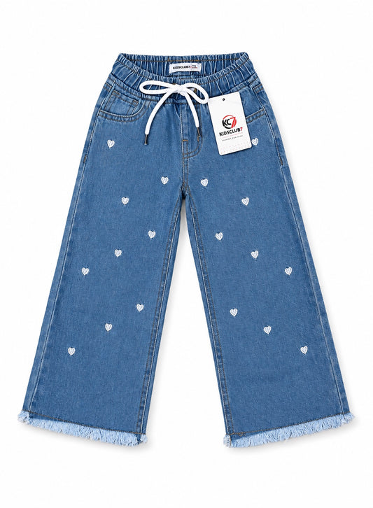 Girls Wide-Leg Denim Jeans with Heart Embroidery