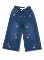 Girls Wide-Leg Embroidered Rose & Bee Denim Pants
