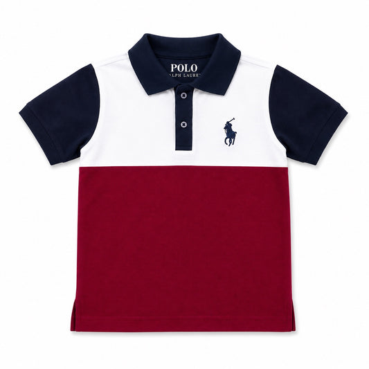 Boys Color Block Polo Shirt – White, Navy & Maroon