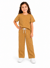 Girls Mustard Printed Co-Ord Set – Soft Cotton T-Shirt & Wide Leg Trouser