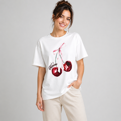 Cherry Graphic Oversized Women’s T-Shirt – White Casual Tee