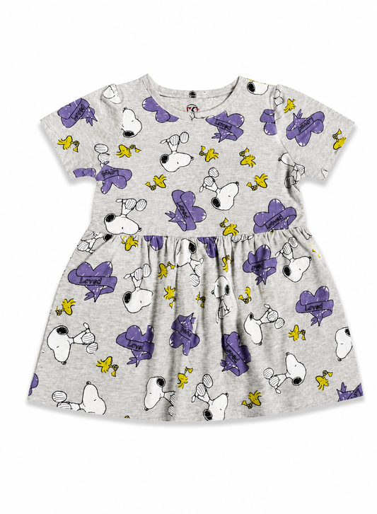 Girls Printed Cotton Frock Dress – Grey Snoopy Cartoon
