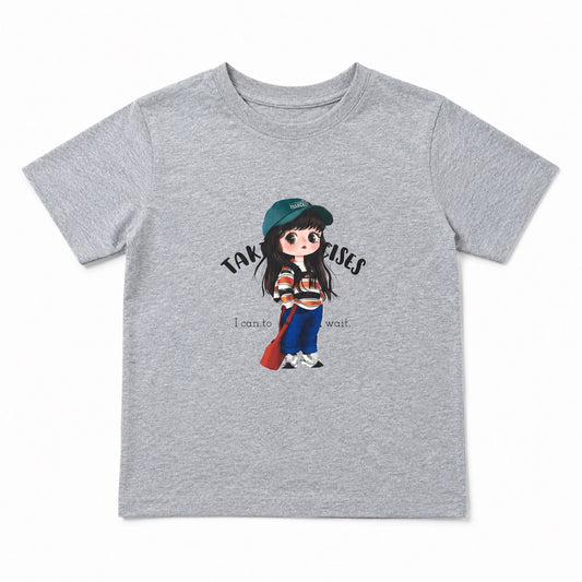 Girls Grey Cartoon Graphic Cotton T-Shirt | Kids Casual Wear