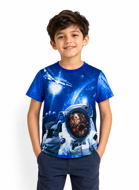 Boys Blue Astronaut Dinosaur Graphic T-Shirt