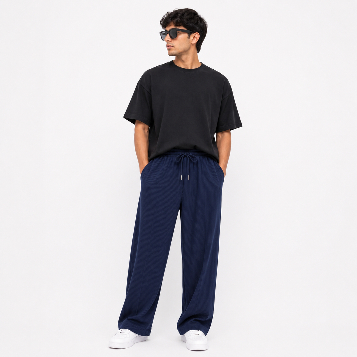 Men’s Navy Ribbed Wide Leg Trousers