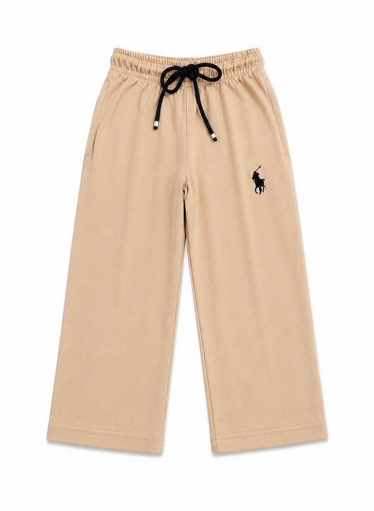 Kids Beige Wide Leg Cotton Trousers with Embroidered Logo