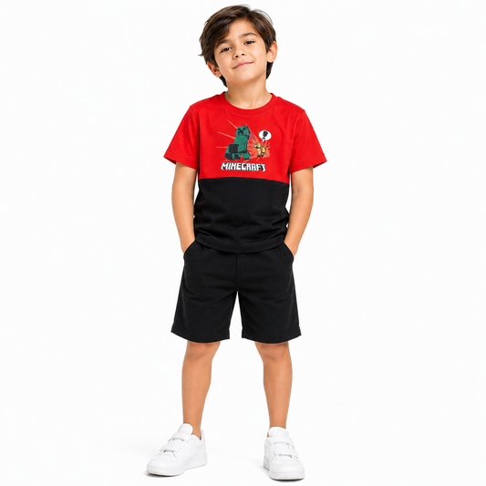 Boys Minecraft Graphic T-Shirt – Premium Cotton Gaming Tee | Red & Black