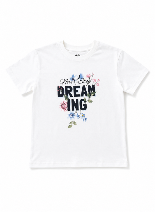 Girls Never Stop Dreaming Floral Graphic T-Shirt – White