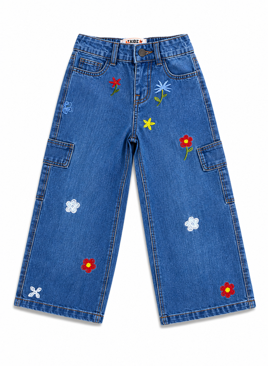 Girls Embroidered Wide Leg Denim Jeans | Floral Cargo Style Jeans