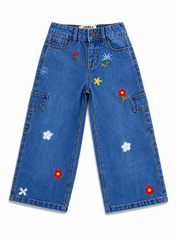 Girls Embroidered Wide Leg Denim Jeans | Floral Cargo Style Jeans