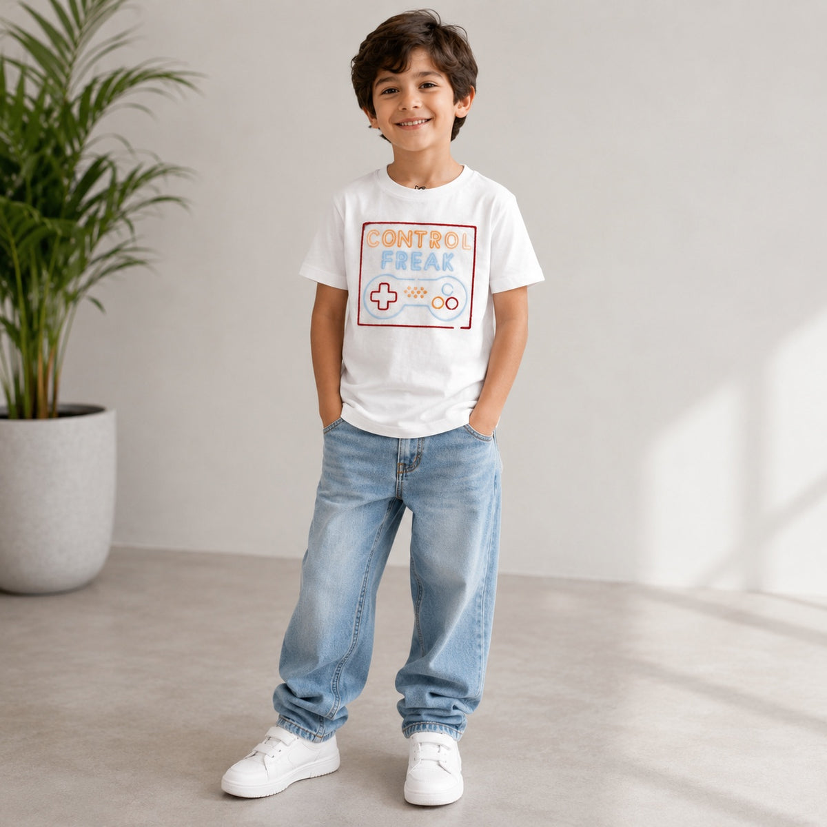 Boys Control Freak Graphic T-Shirt – Gamer Cotton Tee | White