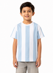 Boys Sky Blue & White Vertical Striped Cotton T-Shirt