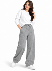 Women Grey Wide-Leg Trousers | 100% Cotton Fleece