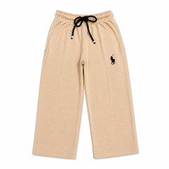 Kids Beige Wide Leg Cotton Trousers with Embroidered Logo