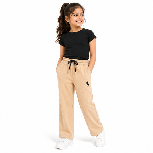 Girl Beige Wide Leg Cotton Trousers with Embroidered Logo