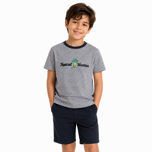 Boys Tropical Vacation Striped T-Shirt – Grey & White Summer Tee