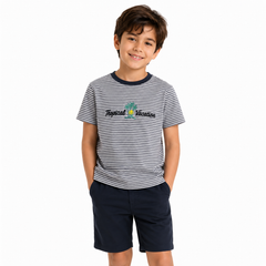 Boys Tropical Vacation Striped T-Shirt – Grey & White Summer Tee