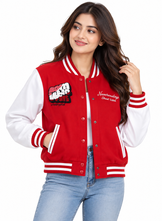 Women Red & White Varsity Jacket | Stylish Baseball Jacket