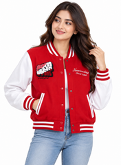 Women Red & White Varsity Jacket | Stylish Baseball Jacket