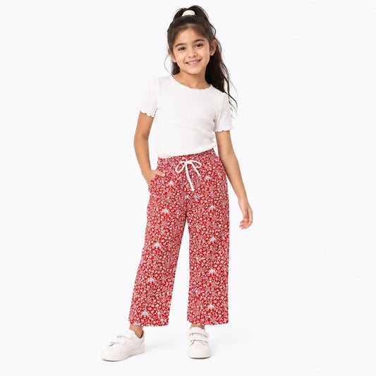 Girls Red Floral Printed Wide Leg Trouser