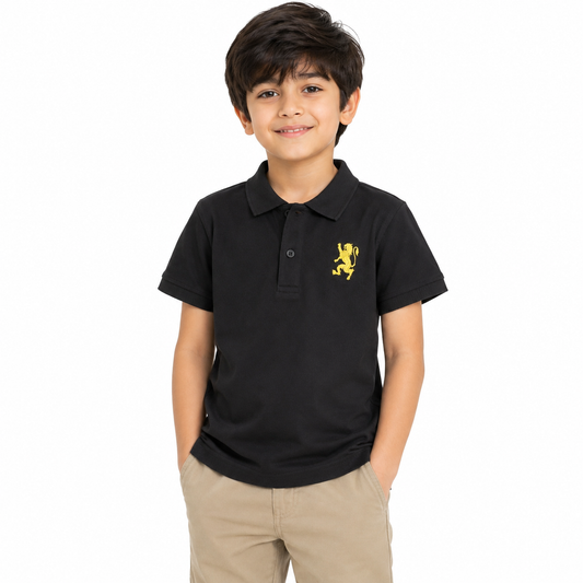 Kids Black Polo Shirt with Yellow Lion Embroidery