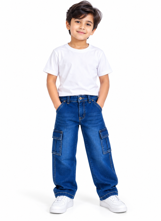 Boys Baggy Cargo Jeans – Dark Blue Denim