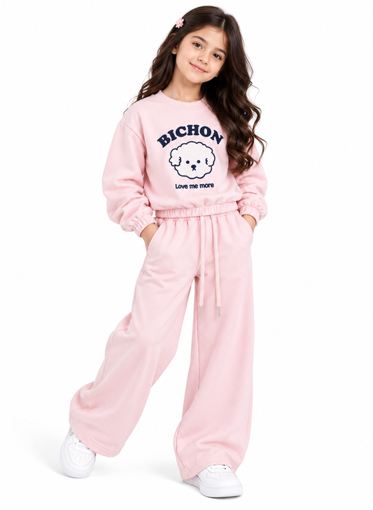 Girls Bichon Printed Cotton Fleece Tracksuit – Pink