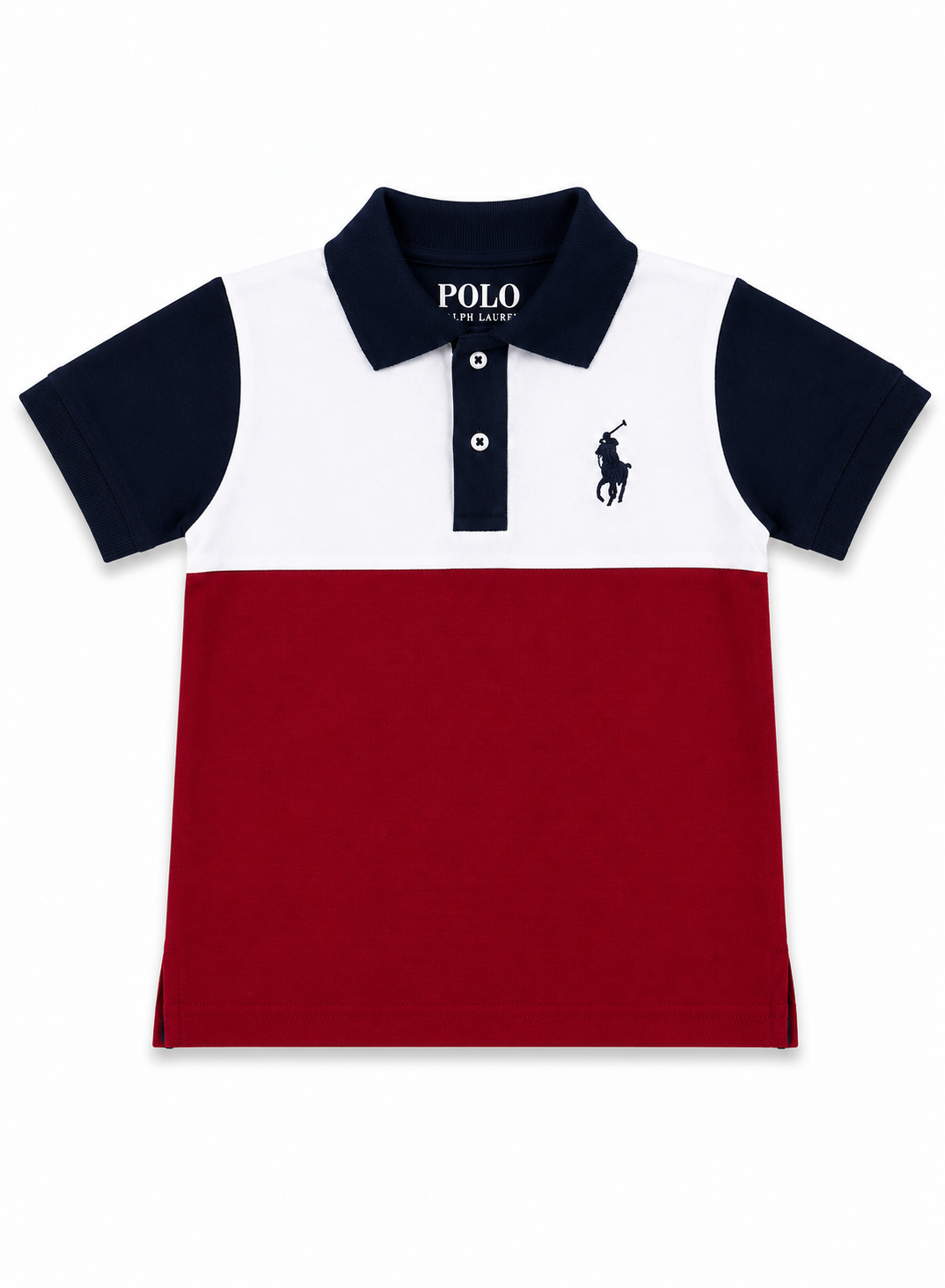 Boys Color Block Polo Shirt – White, Navy & Maroon