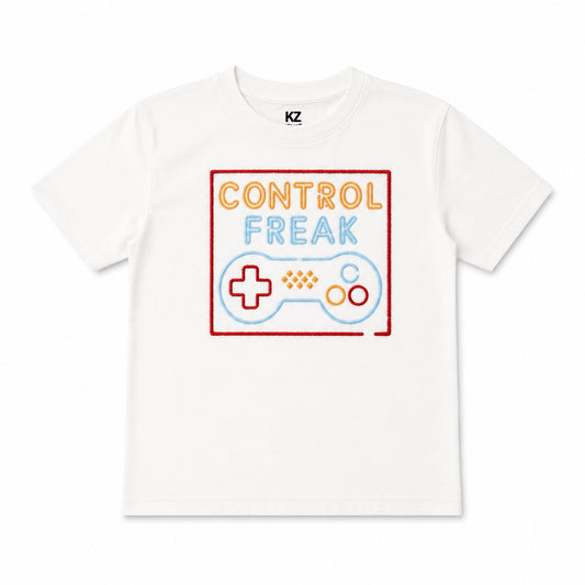 Boys Control Freak Graphic T-Shirt – Gamer Cotton Tee | White