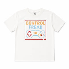 Boys Control Freak Graphic T-Shirt – Gamer Cotton Tee | White