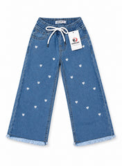 Girls  Wide-Leg Denim Jeans with Heart Embroidery