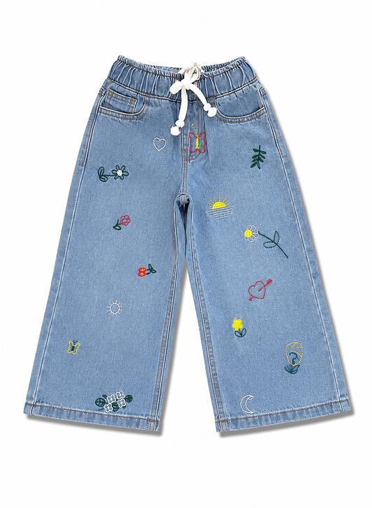 Girls Wide-Leg Embroidered Denim Jeans