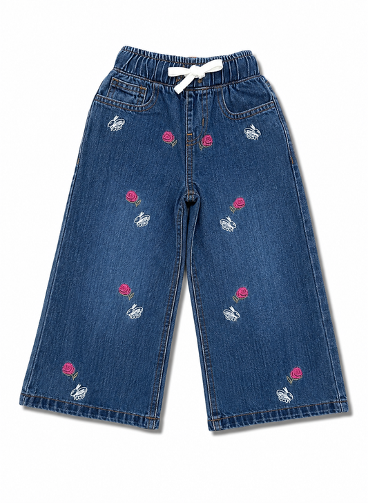 Girls Wide-Leg Embroidered Rose & Bee Denim Pants