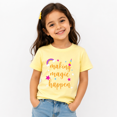 Girls Yellow Graphic Cotton T-Shirt – Making Magic Happen Print