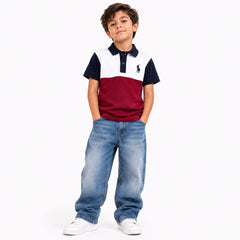 Boys Color Block Polo Shirt – White, Navy & Maroon