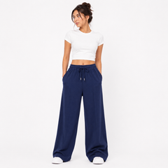 Women’s Navy Blue Wide Leg Ribbed Trousers –