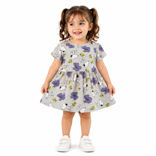 Girls Printed Cotton Frock Dress – Grey Snoopy Cartoon
