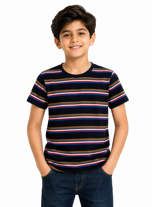 Boys Navy Multi Stripe Cotton T-Shirt