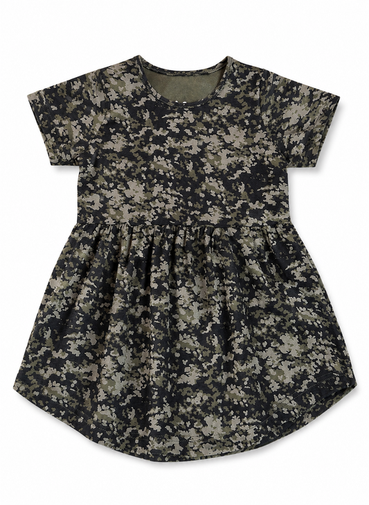 Girls’ Camo Print Casual Frock – Olive & Black