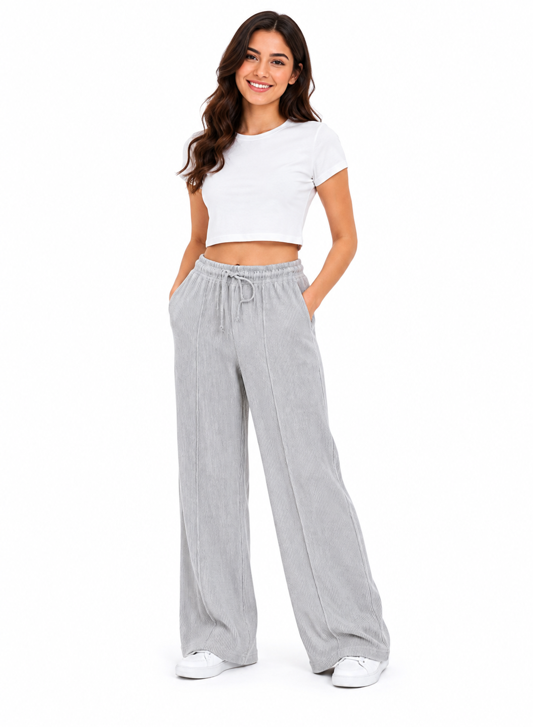 Women’s Ribbed Wide-Leg Trousers – Light Grey
