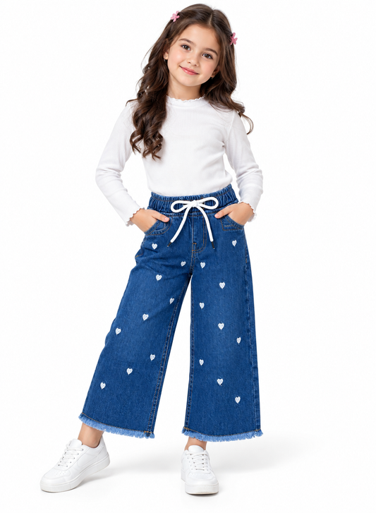 Girls  Embroidered Heart Wide-Leg Denim Jeans